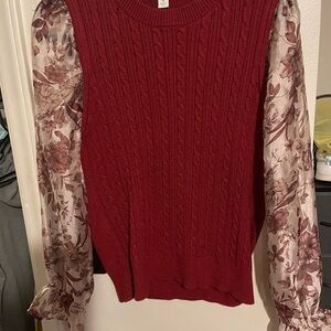 Cato Red Sweater with Floral Sheer Sleeves